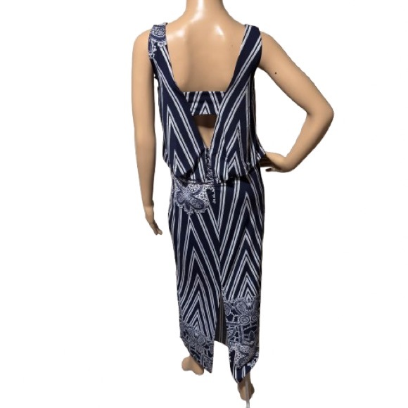 MT Collection Navy White Striped Floral Maxi Dress Size M - Picture 2 of 6